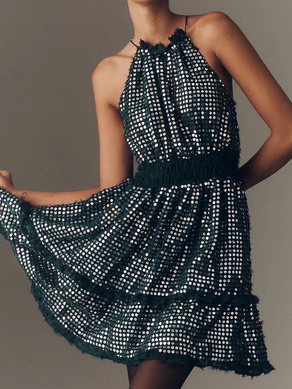 Anthropologie Sparkle Flower Sequins SOMERSET SHINE MINI HALTER DRESS Dark Green